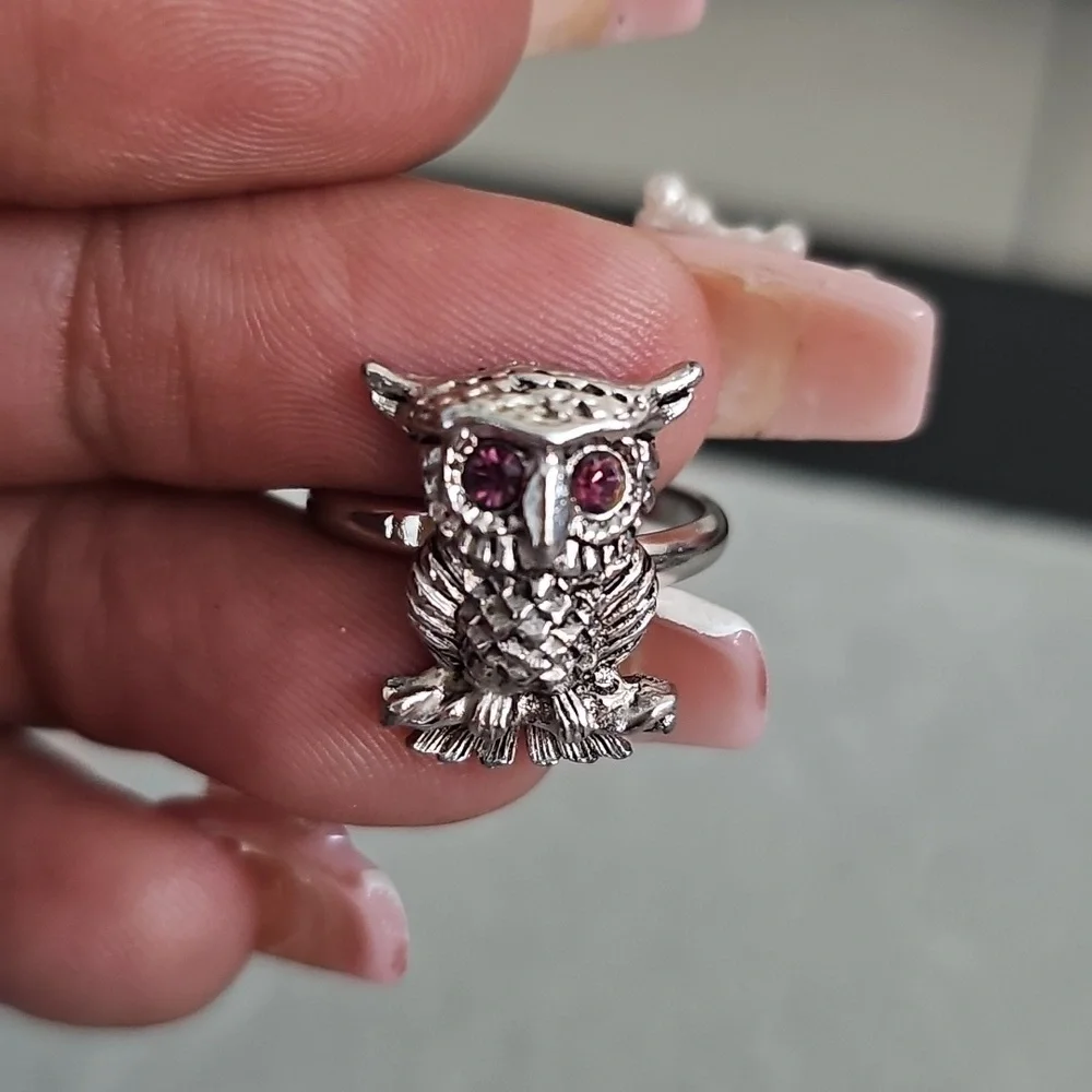 Vintage Signed Sarah Coventry Owl Rhinestone Ring